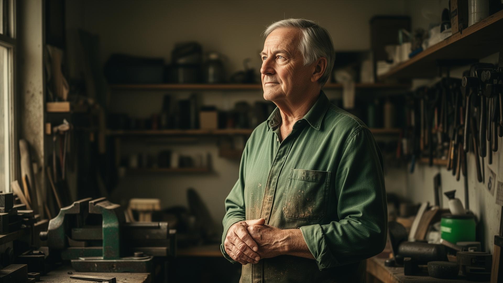 A retiring British business owner standing thoughtfully in their workshop